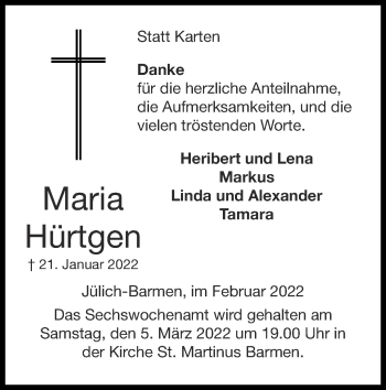 Traueranzeige von Maria Hürtgen von Zeitung am Sonntag