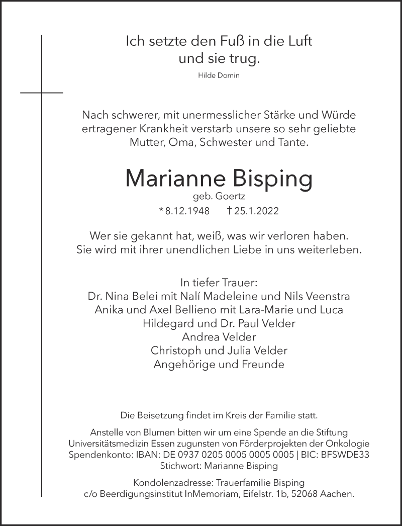  Traueranzeige für Marianne Bisping vom 05.02.2022 aus Aachener Zeitung / Aachener Nachrichten