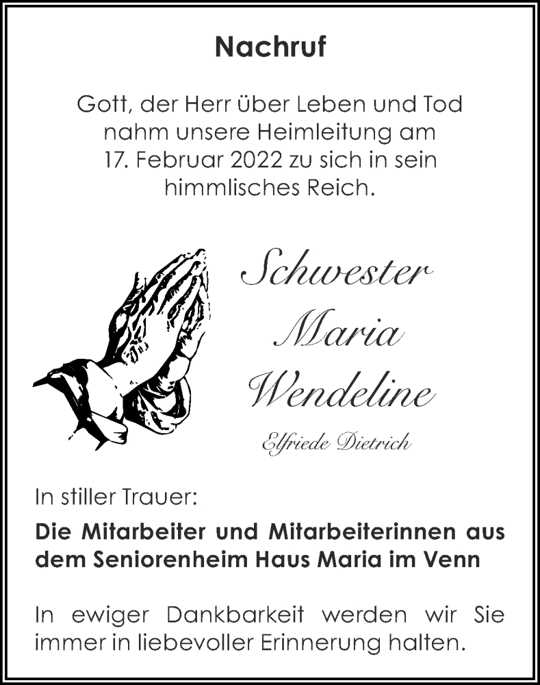  Traueranzeige für Maria Wendeline Elfriede Dietrich vom 27.02.2022 aus Zeitung am Sonntag