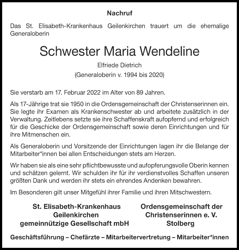  Traueranzeige für Maria Wendeline Elfriede Dietrich vom 27.02.2022 aus Zeitung am Sonntag