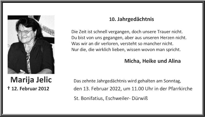 Traueranzeige für Marija Jelic vom 06.02.2022 aus Zeitung am Sonntag