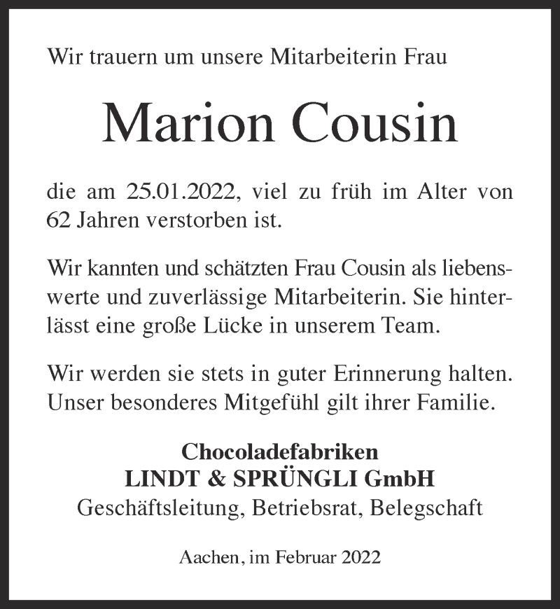  Traueranzeige für Marion Cousin vom 05.02.2022 aus Aachener Zeitung / Aachener Nachrichten