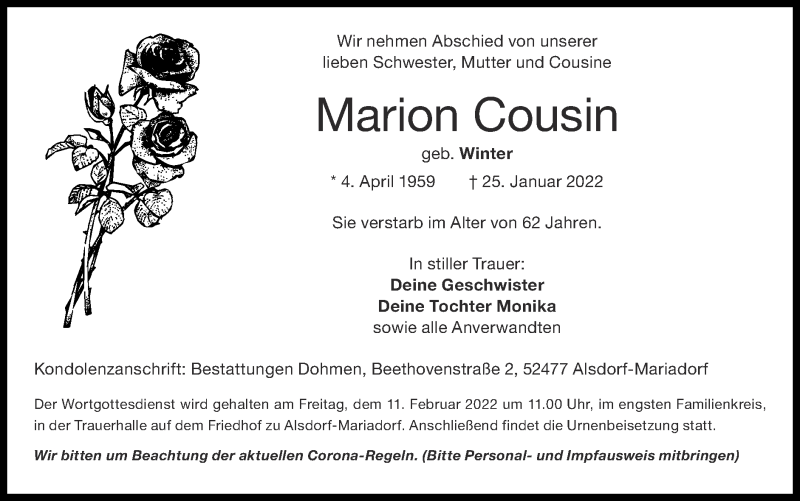  Traueranzeige für Marion Cousin vom 06.02.2022 aus Zeitung am Sonntag