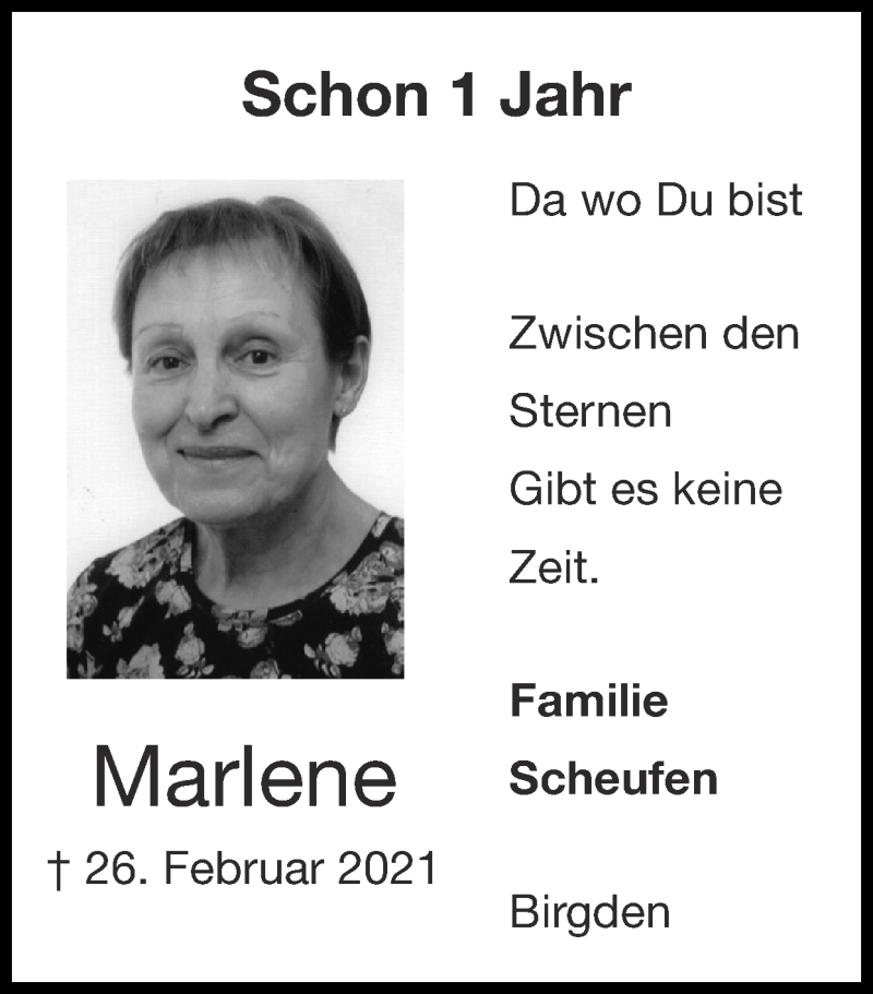  Traueranzeige für Marlene  vom 27.02.2022 aus Zeitung am Sonntag
