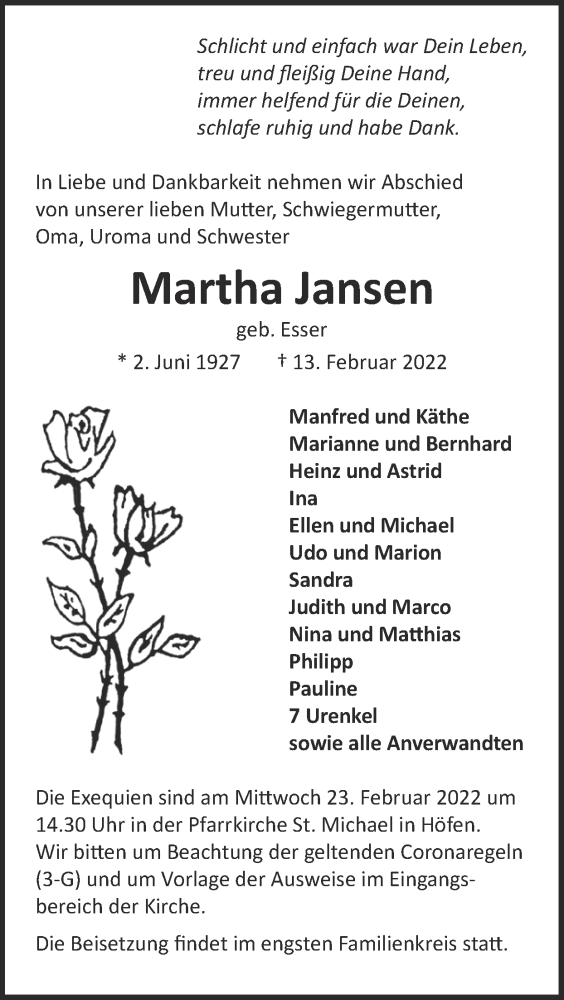  Traueranzeige für Martha Jansen vom 20.02.2022 aus Zeitung am Sonntag