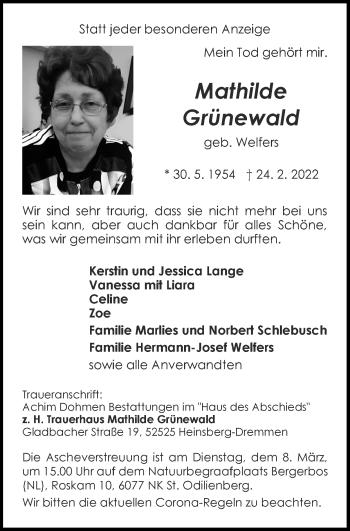 Traueranzeige von Mathilde Grünewald von Zeitung am Sonntag
