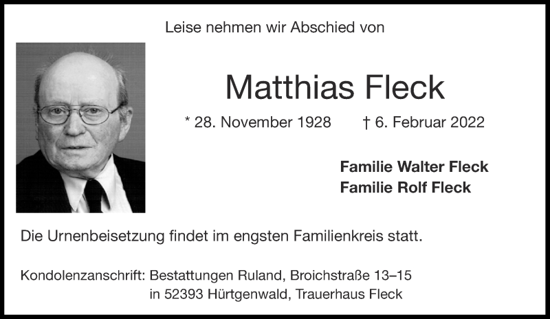  Traueranzeige für Matthias Fleck vom 12.02.2022 aus Aachener Zeitung / Aachener Nachrichten