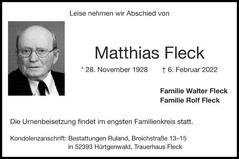  Traueranzeige für Matthias Fleck vom 13.02.2022 aus Zeitung am Sonntag