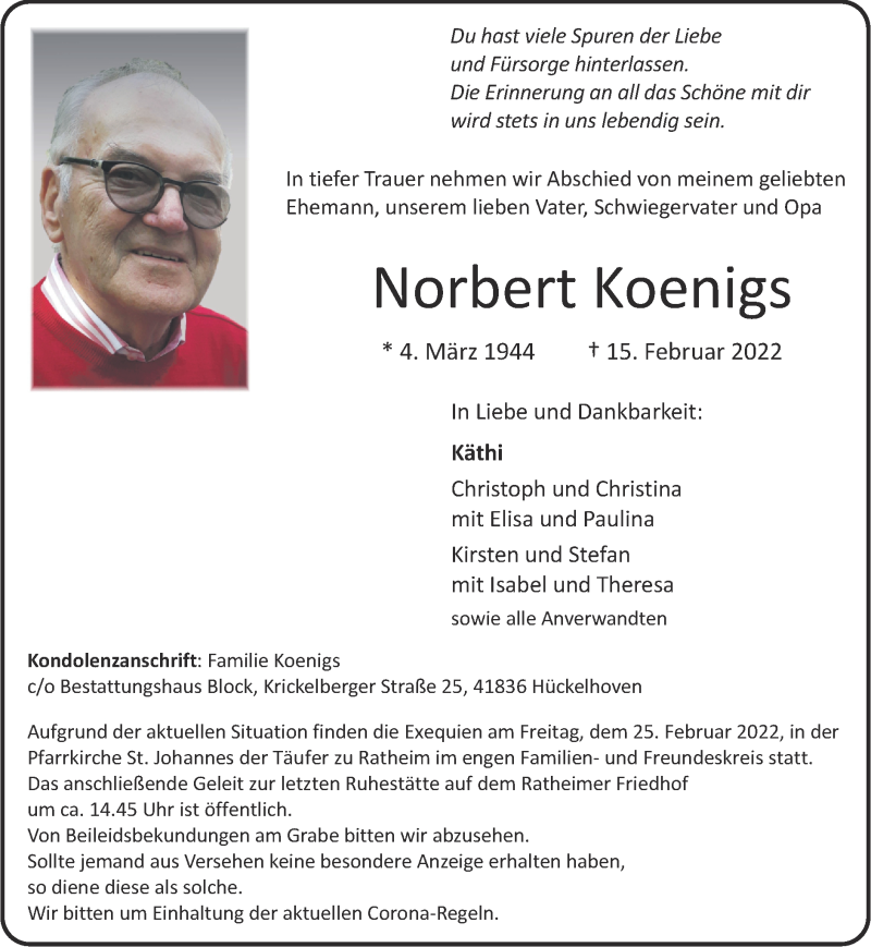  Traueranzeige für Norbert Koenigs vom 20.02.2022 aus Zeitung am Sonntag