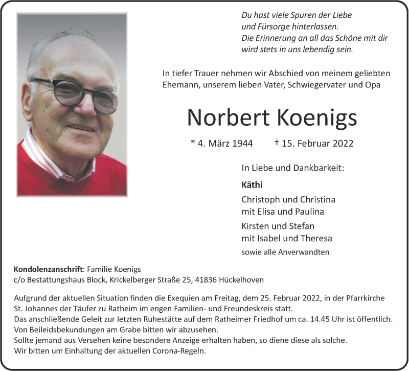  Traueranzeige für Norbert Koenigs vom 19.02.2022 aus Aachener Zeitung / Aachener Nachrichten