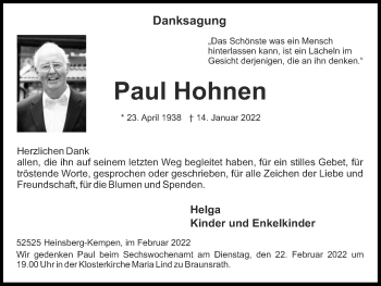 Traueranzeige von Paul Hohnen von Zeitung am Sonntag