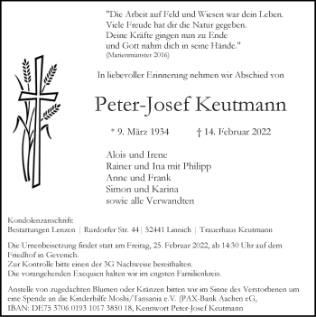 Traueranzeige von Peter-Josef Keutmann von Zeitung am Sonntag