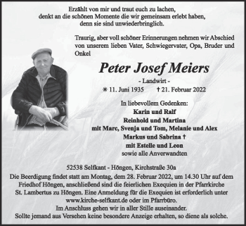 Traueranzeige von Peter Josef Meiers von Zeitung am Sonntag