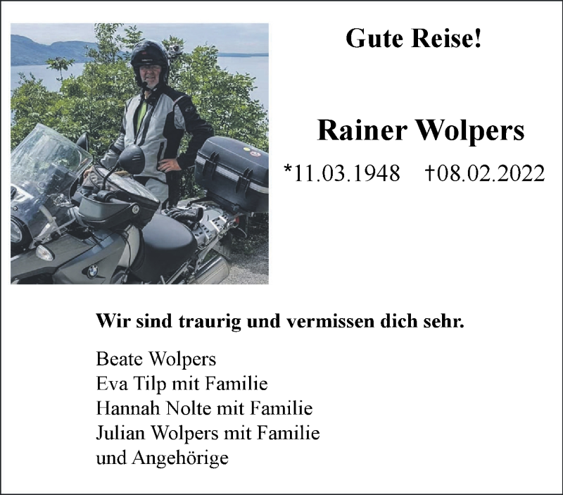  Traueranzeige für Rainer Wolpers vom 12.02.2022 aus Aachener Zeitung / Aachener Nachrichten