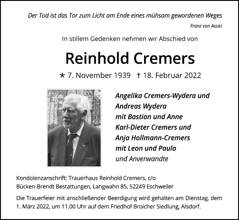  Traueranzeige für Reinhold Cremers vom 27.02.2022 aus Zeitung am Sonntag