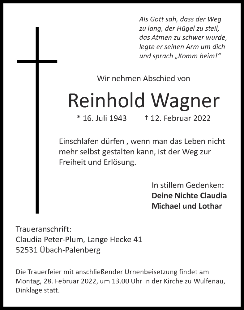  Traueranzeige für Reinhold Wagner vom 27.02.2022 aus Zeitung am Sonntag