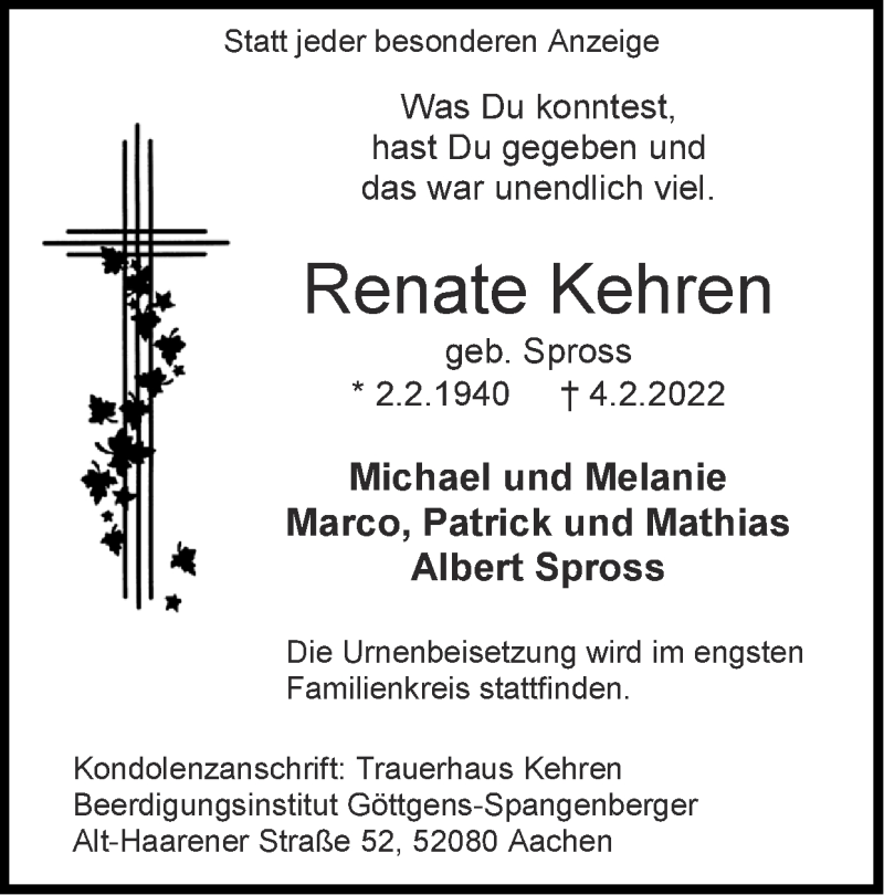  Traueranzeige für Renate Kehren vom 20.02.2022 aus Zeitung am Sonntag
