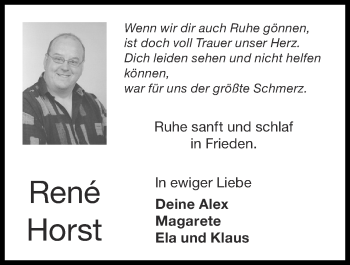 Traueranzeige von Rene Horst von Zeitung am Sonntag