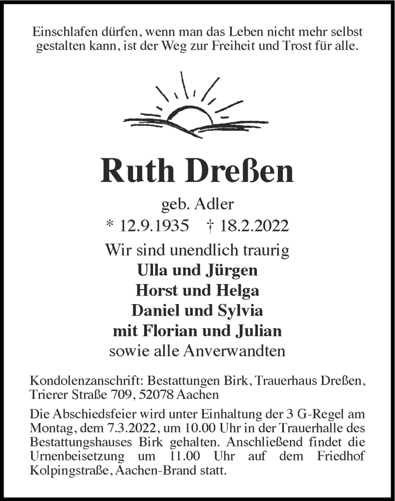  Traueranzeige für Ruth Dreßen vom 27.02.2022 aus Zeitung am Sonntag