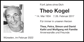 Traueranzeige von Theo Kogel von Zeitung am Sonntag