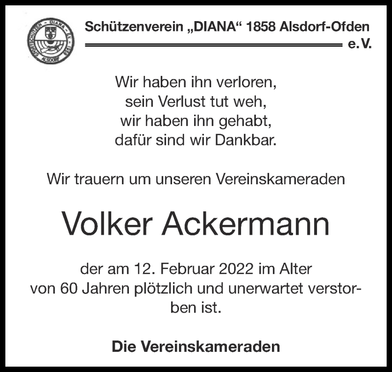  Traueranzeige für Volker Ackermann vom 20.02.2022 aus Zeitung am Sonntag