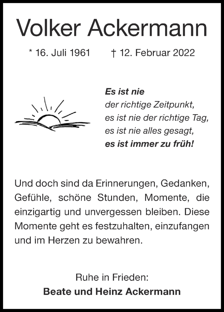  Traueranzeige für Volker Ackermann vom 20.02.2022 aus Zeitung am Sonntag
