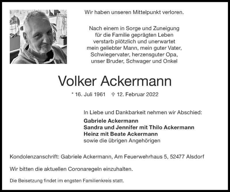  Traueranzeige für Volker Ackermann vom 20.02.2022 aus Zeitung am Sonntag