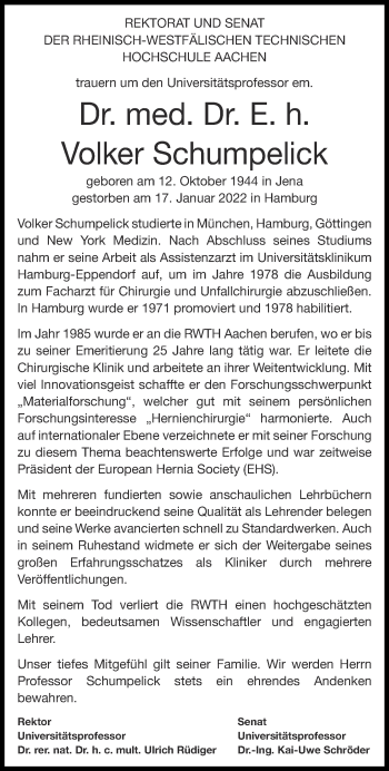 Traueranzeige von Volker Schumpelick von Aachener Zeitung / Aachener Nachrichten
