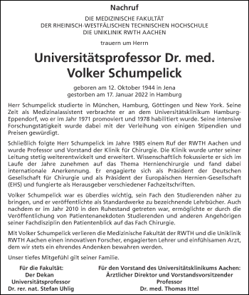 Traueranzeige von Volker Schumpelick von Aachener Zeitung / Aachener Nachrichten
