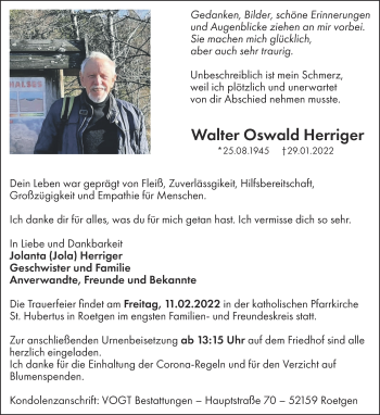 Traueranzeige von Walter Oswald Herriger von Zeitung am Sonntag