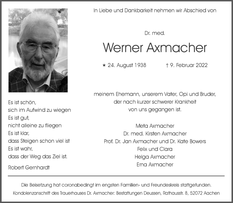  Traueranzeige für Werner Axmacher vom 19.02.2022 aus Aachener Zeitung / Aachener Nachrichten