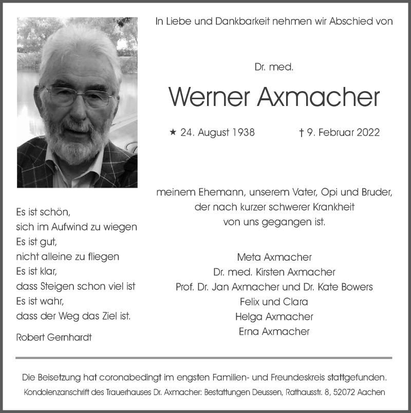  Traueranzeige für Werner Axmacher vom 20.02.2022 aus Zeitung am Sonntag