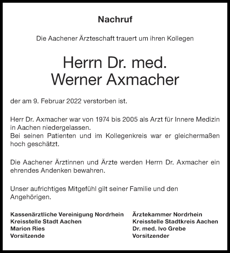  Traueranzeige für Werner Axmacher vom 26.02.2022 aus Aachener Zeitung / Aachener Nachrichten