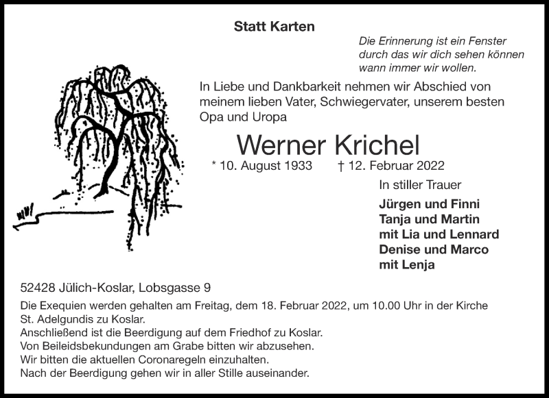  Traueranzeige für Werner Krichel vom 15.02.2022 aus Aachener Zeitung / Aachener Nachrichten