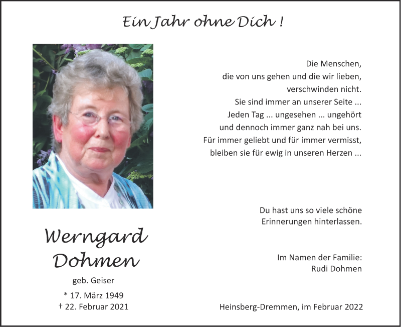  Traueranzeige für Werngard Dohmen vom 19.02.2022 aus Aachener Zeitung / Aachener Nachrichten