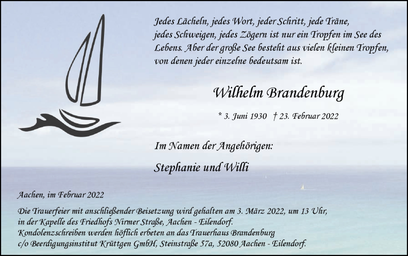  Traueranzeige für Wilhelm Brandenburg vom 27.02.2022 aus Zeitung am Sonntag