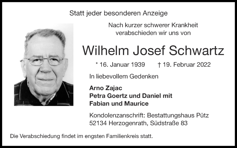  Traueranzeige für Wilhelm Josef Schwartz vom 27.02.2022 aus Zeitung am Sonntag