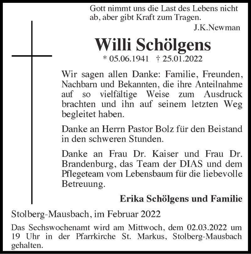  Traueranzeige für Willi Schölgens vom 27.02.2022 aus Zeitung am Sonntag