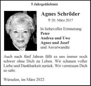 Traueranzeige von Agnes Schröder von Zeitung am Sonntag