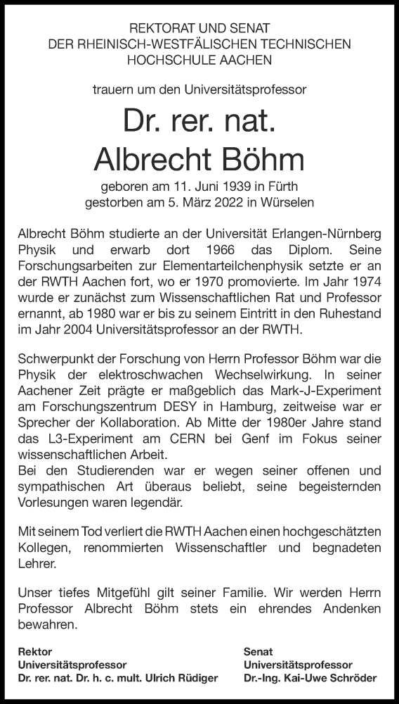  Traueranzeige für Albrecht Böhm vom 12.03.2022 aus Aachener Zeitung / Aachener Nachrichten