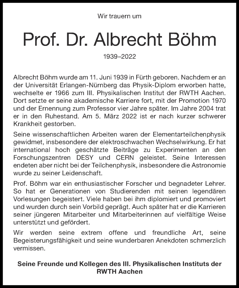  Traueranzeige für Albrecht Böhm vom 12.03.2022 aus Aachener Zeitung / Aachener Nachrichten