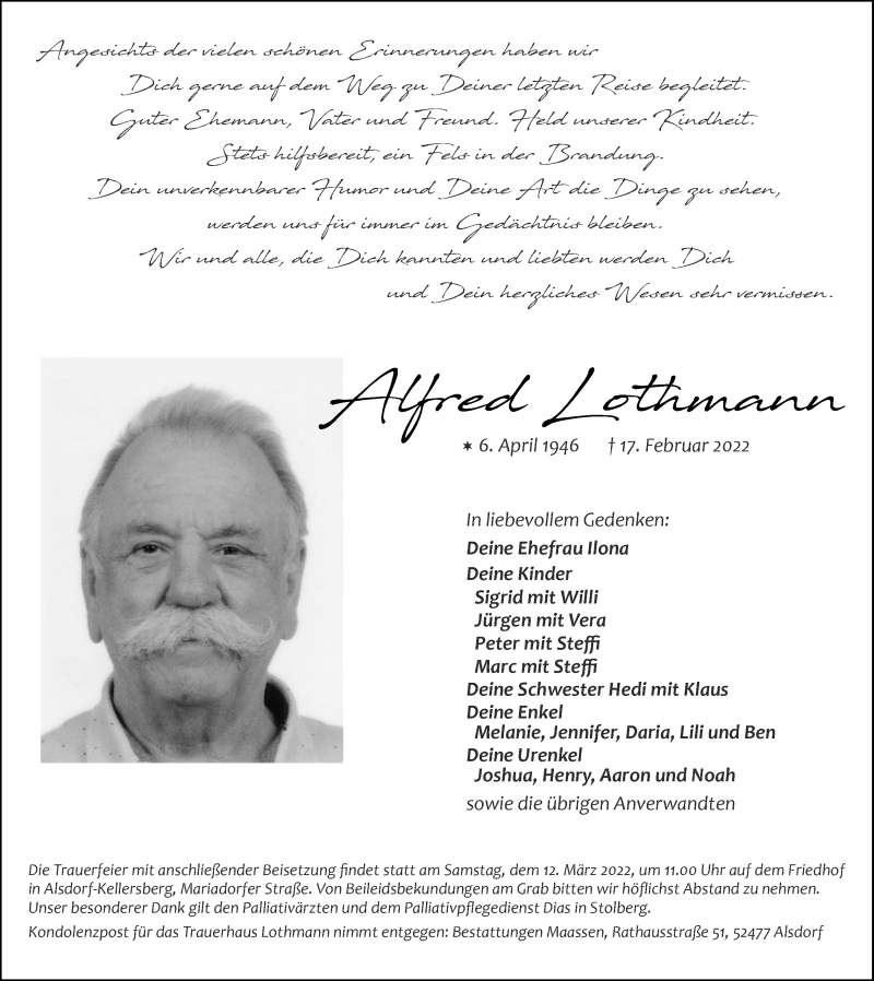  Traueranzeige für Alfred Lothmann vom 06.03.2022 aus Zeitung am Sonntag