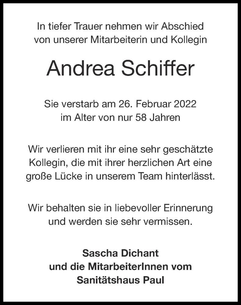  Traueranzeige für Andrea Schiffer vom 06.03.2022 aus Zeitung am Sonntag