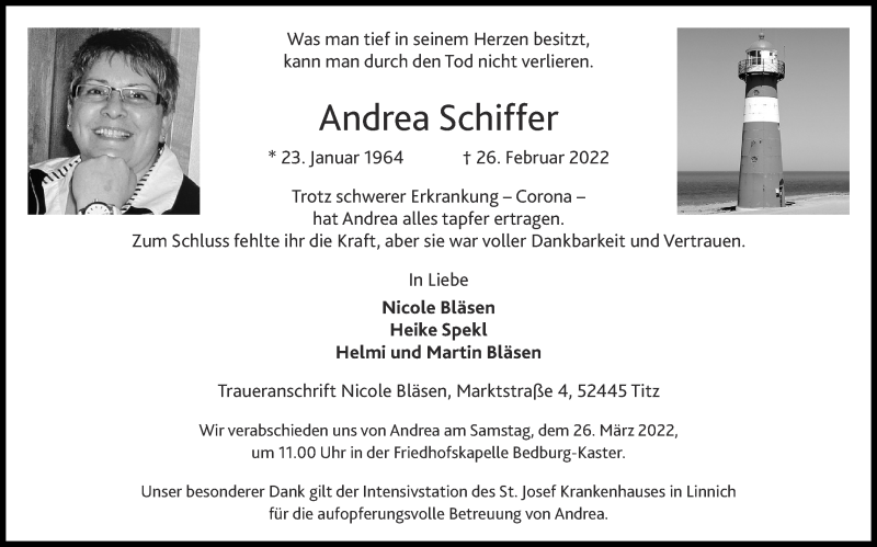  Traueranzeige für Andrea Schiffer vom 06.03.2022 aus Zeitung am Sonntag