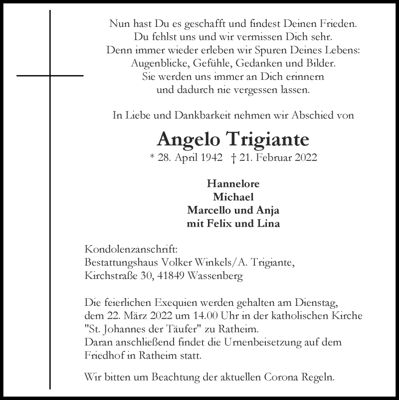 Traueranzeige für Angelo Trigiante vom 13.03.2022 aus Zeitung am Sonntag
