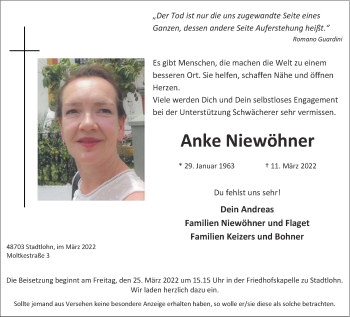 Traueranzeige von Anke Niewöhner von Aachener Zeitung / Aachener Nachrichten