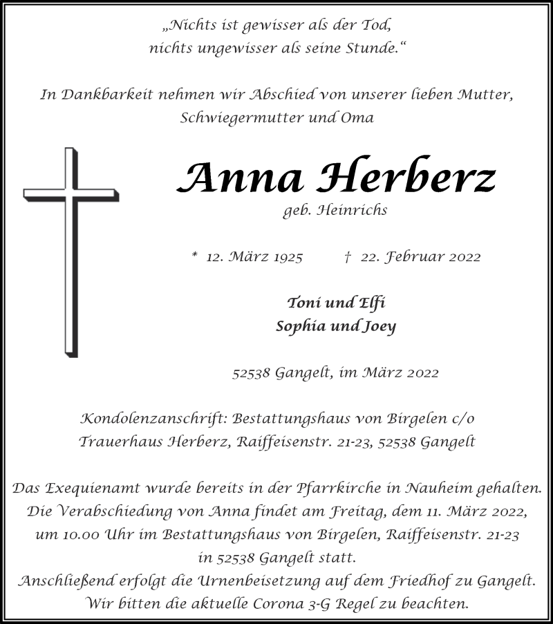 Traueranzeige für Anna Herberz vom 06.03.2022 aus Zeitung am Sonntag