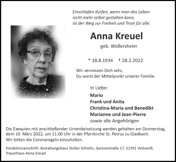 Traueranzeige von Anna Kreuel von Zeitung am Sonntag