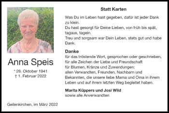 Traueranzeige von Anna Speis von Zeitung am Sonntag