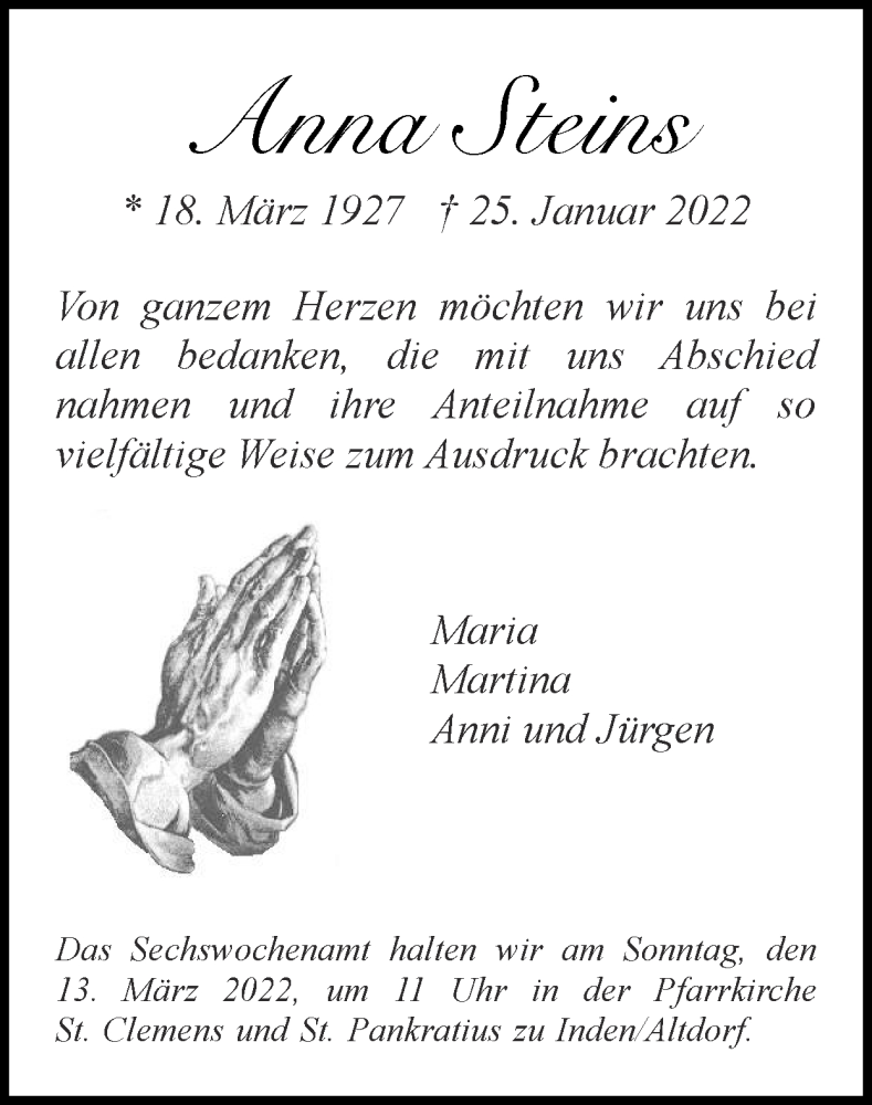  Traueranzeige für Anna Steins vom 06.03.2022 aus Zeitung am Sonntag